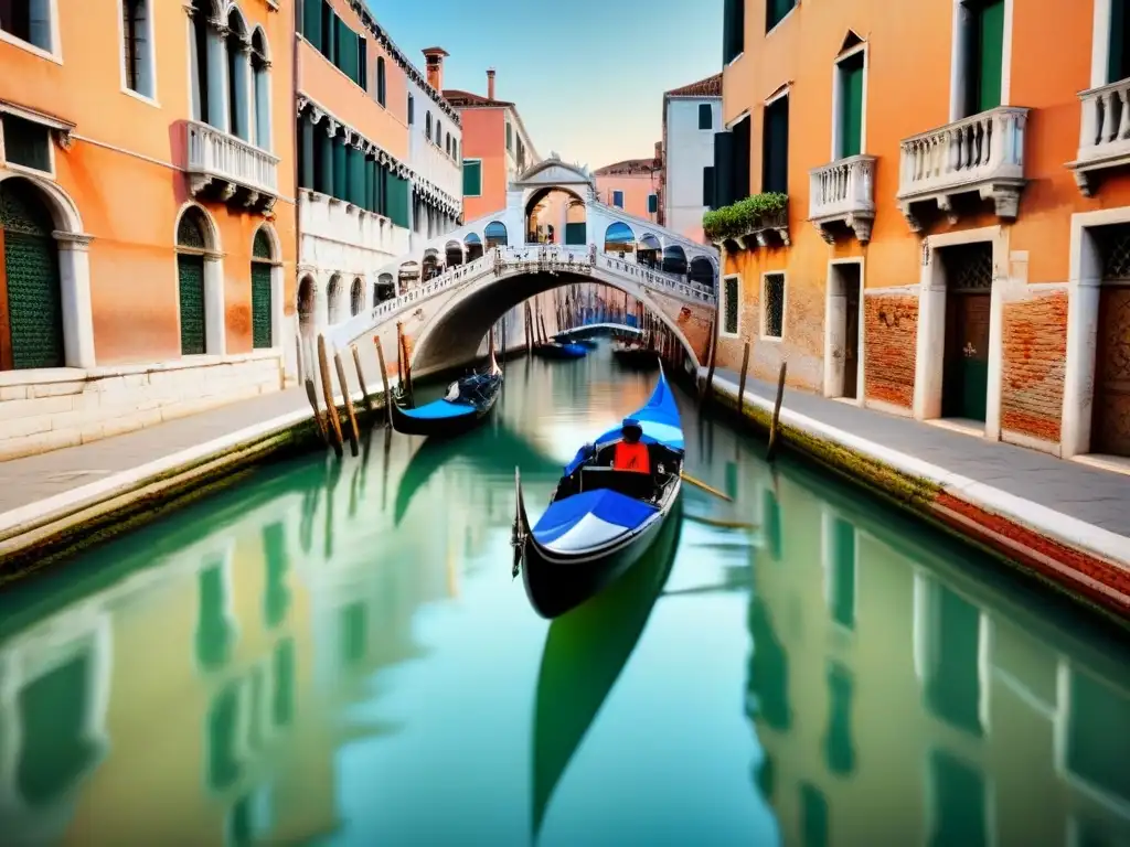 Tranquilidad en Venecia: góndolas surcando canales con arquitectura histórica bajo un cielo pastel