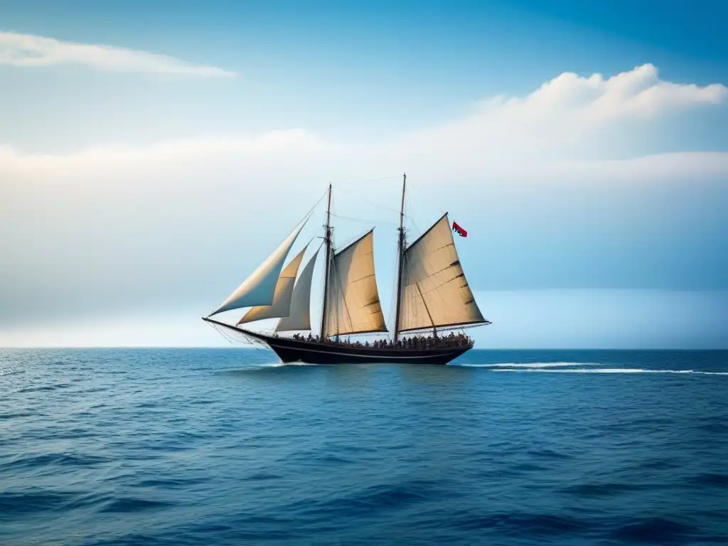 Tranquilidad y tradiciones navales: un velero de madera navegando en aguas cristalinas, evocando la esencia del turismo marítimo