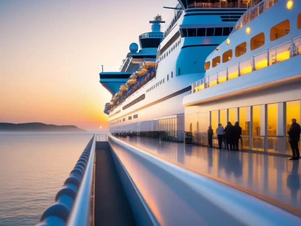 Un tranquilo amanecer en un terminal de cruceros con barcos modernos, reflejando el crecimiento del turismo marítimo