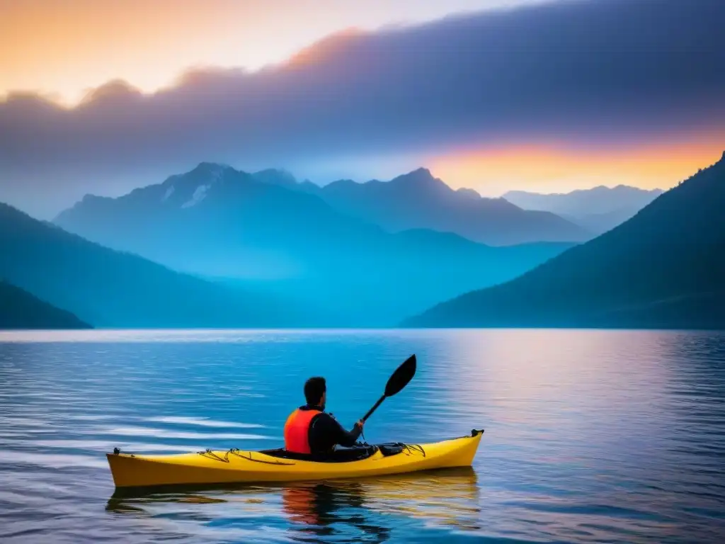 Un tranquilo atardecer sobre aguas calmadas, iluminando un kayak solitario con montañas lejanas y aves