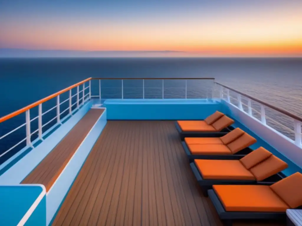 Un tranquilo atardecer en la cubierta de un crucero sin WiFi para desconectar, con sillas lounge y el mar reflejando la suave luz naranja