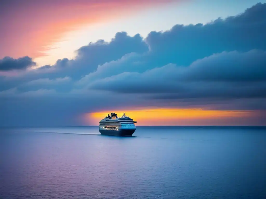 Espectacular puesta de sol en el mar con crucero de lujo Tranquilo atardecer en el mar con un crucero de lujo al fondo, ideal para organizar bodas en cruceros exclusivos