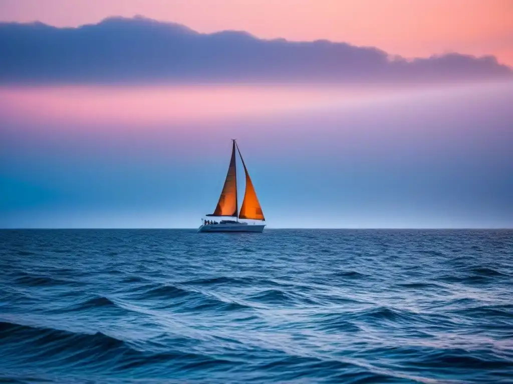 Un tranquilo atardecer en el mar con un velero al fondo, ideal para Técnicas de relajación en cruceros