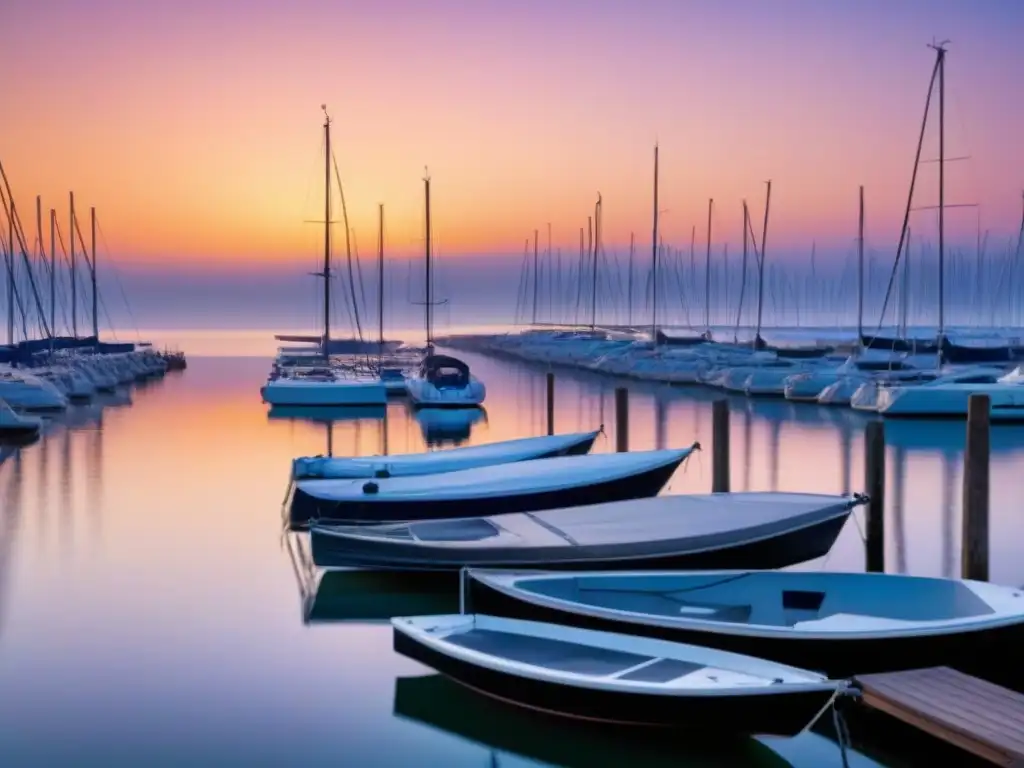 Tranquilo atardecer en marina con veleros, reflejos dorados y rosados