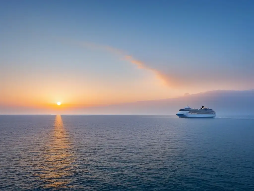 Tranquilo atardecer marítimo con crucero al fondo, ideal para reservas de última hora turismo marítimo