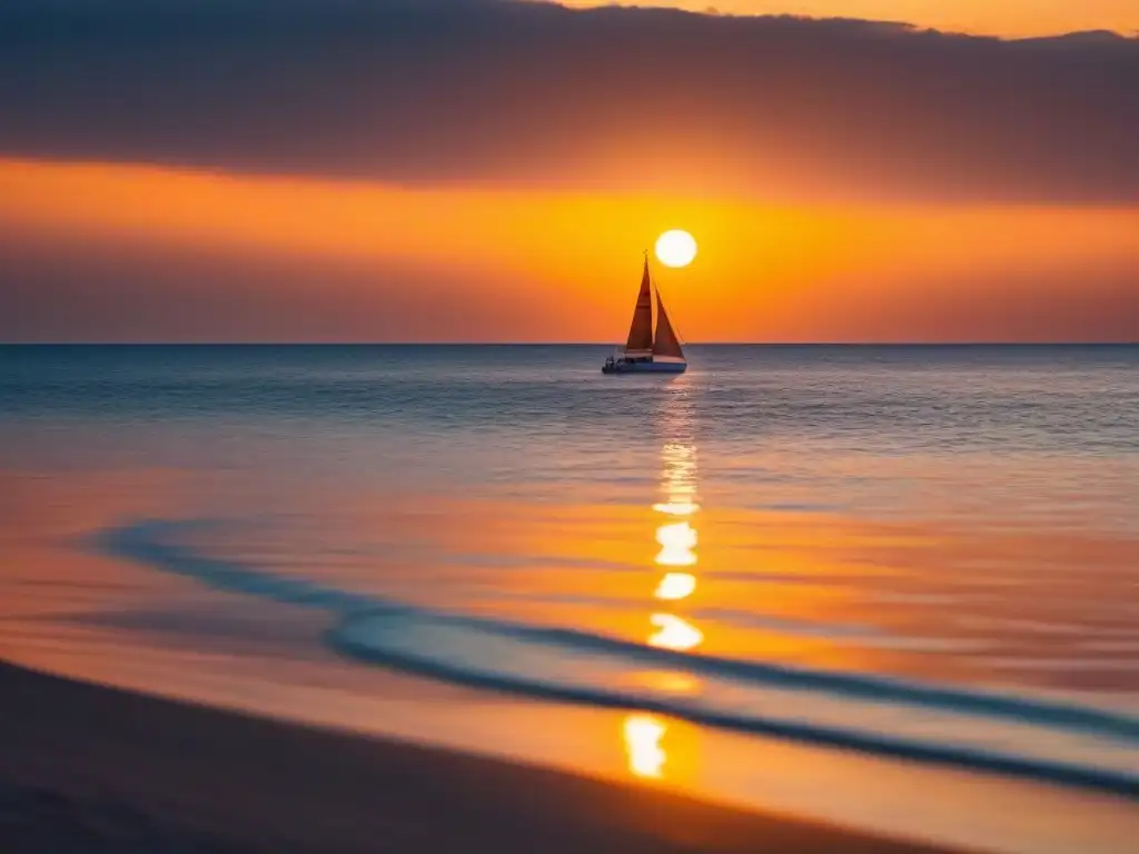 Un tranquilo atardecer naranja sobre el mar, con un velero en el horizonte