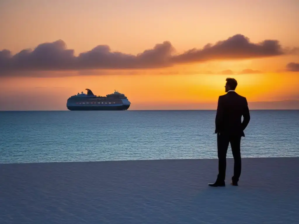 Un tranquilo atardecer en el océano con un crucero al fondo, ideal para parejas en vacaciones