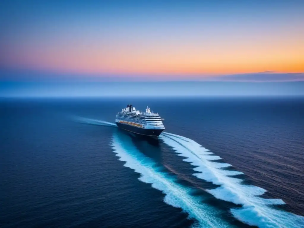 Un tranquilo atardecer en el océano con un crucero al fondo, reflejando la importancia de la gestión de crisis en turismo marítimo