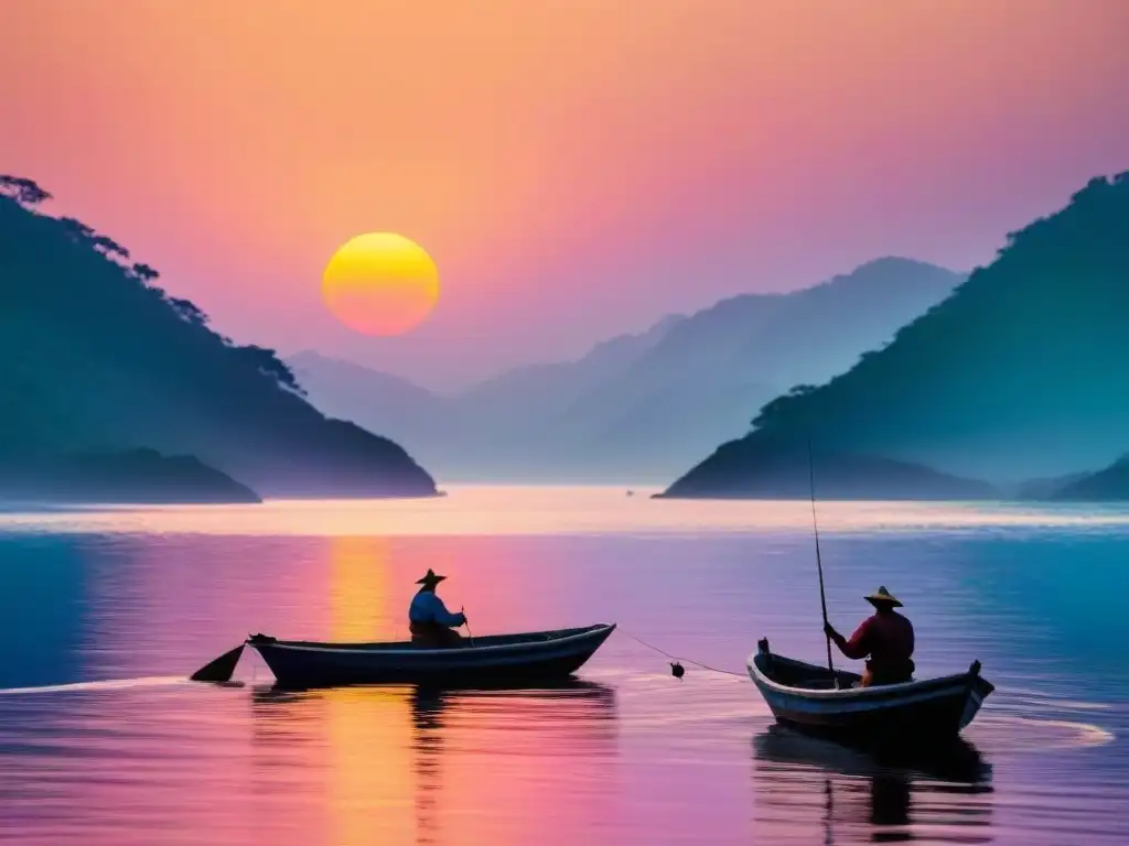 Tranquilo bote pesquero tradicional bajo un atardecer vibrante en un mar calmado