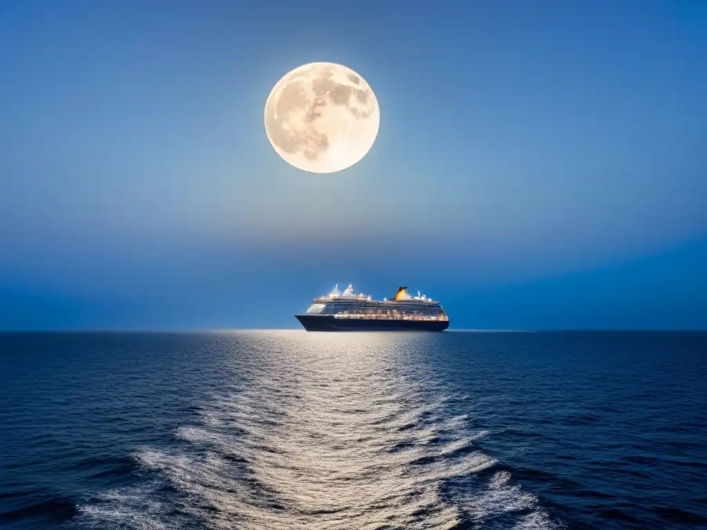 Un tranquilo cielo nocturno sobre el mar, con la luna llena iluminando suavemente el agua