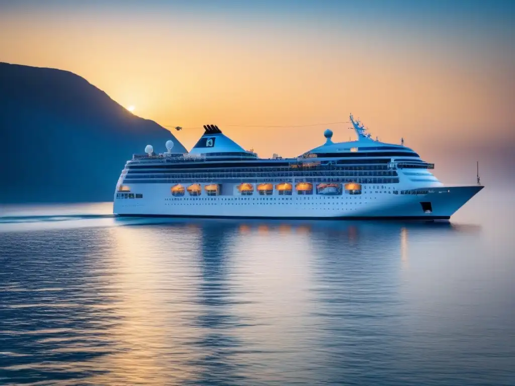 Un tranquilo crucero de lujo navegando al atardecer en aguas serenas