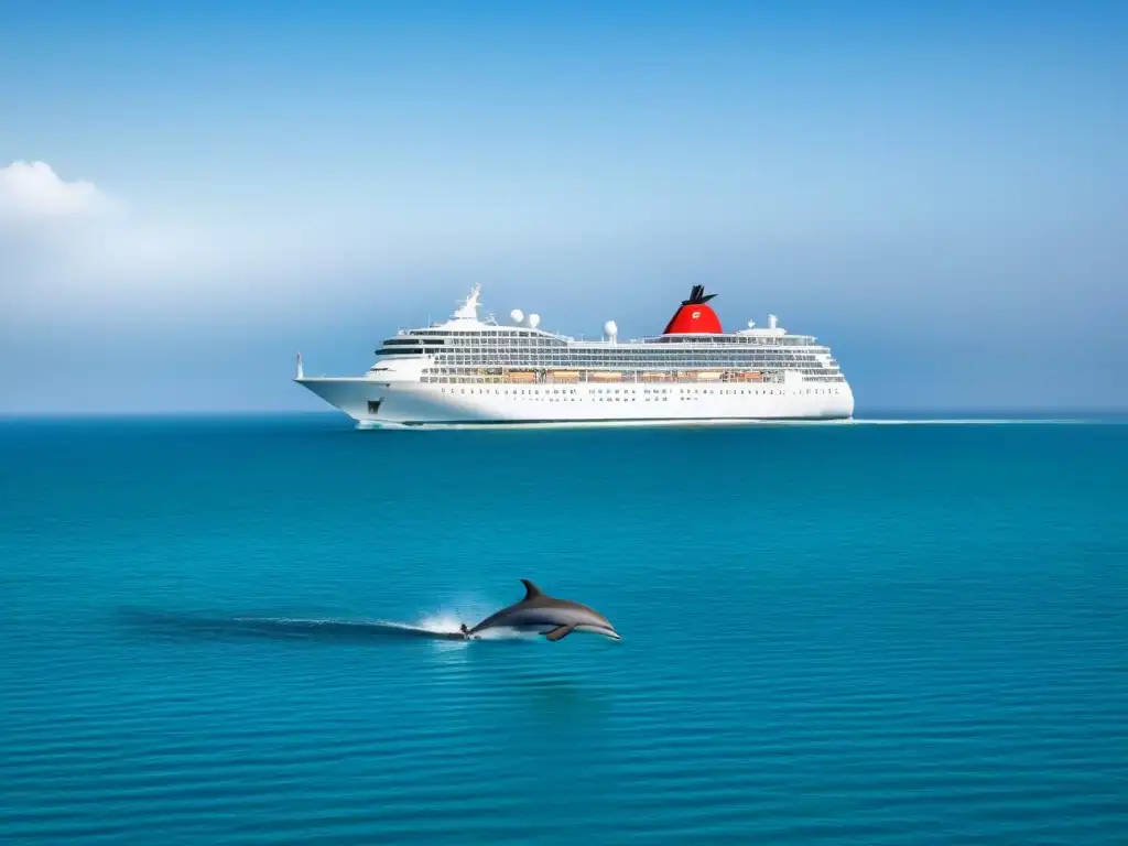 Un tranquilo crucero sostenible navega en un océano turquesa, rodeado de delfines y gaviotas