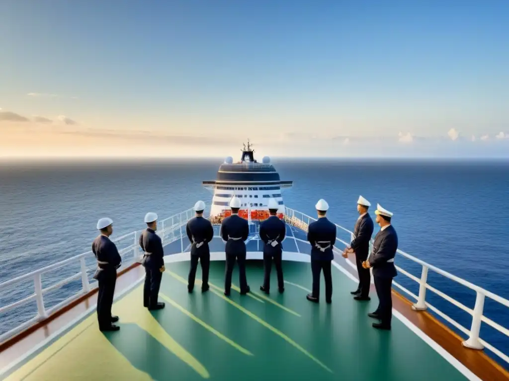 Un tranquilo entrenamiento de seguridad para el personal de cruceros en cubierta, con el mar de fondo