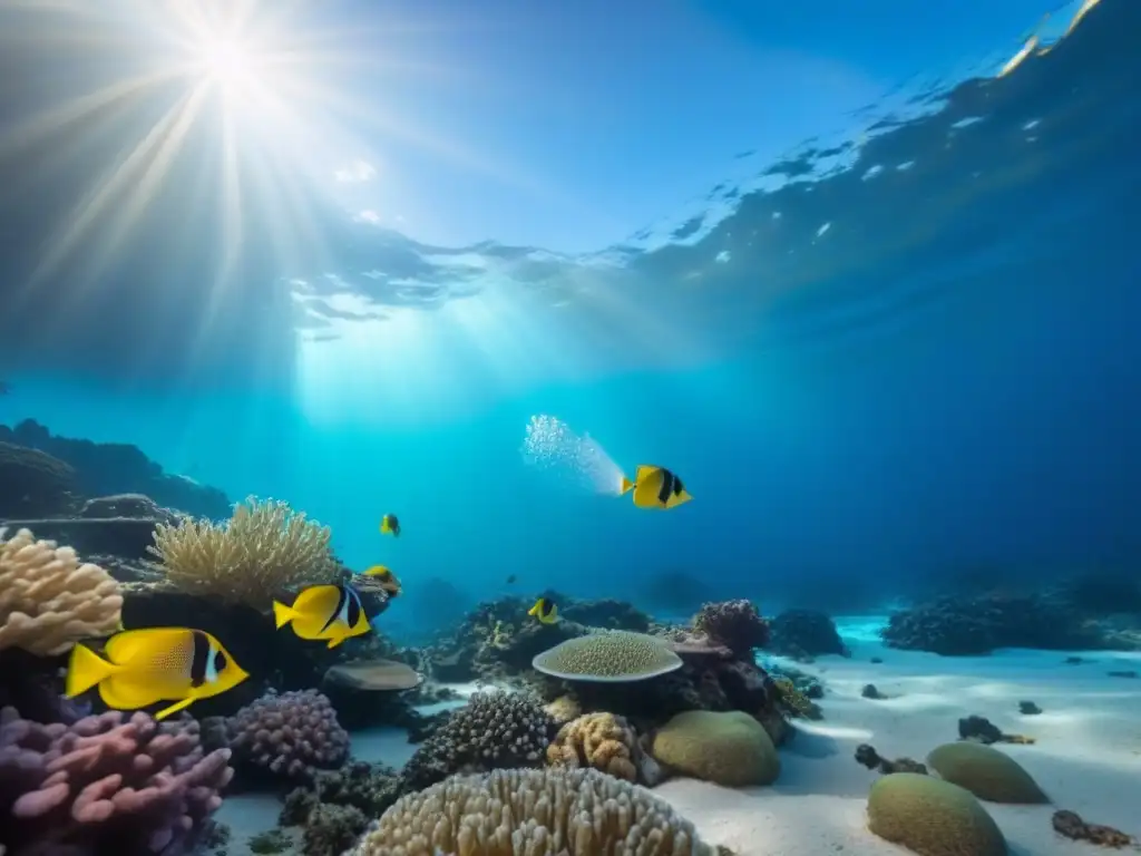 Un tranquilo escenario submarino en realidad virtual, con un banco de peces tropicales vibrantes deslizándose junto a un arrecife de coral colorido