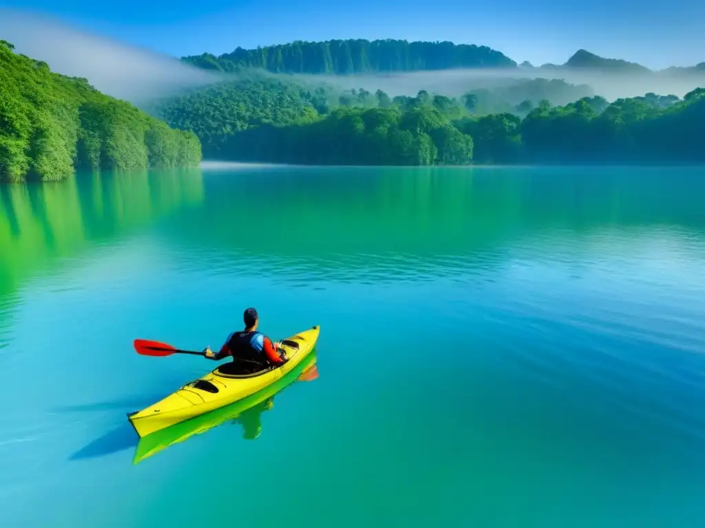 Un tranquilo kayak deslizándose en un lago cristalino rodeado de exuberantes bosques verdes