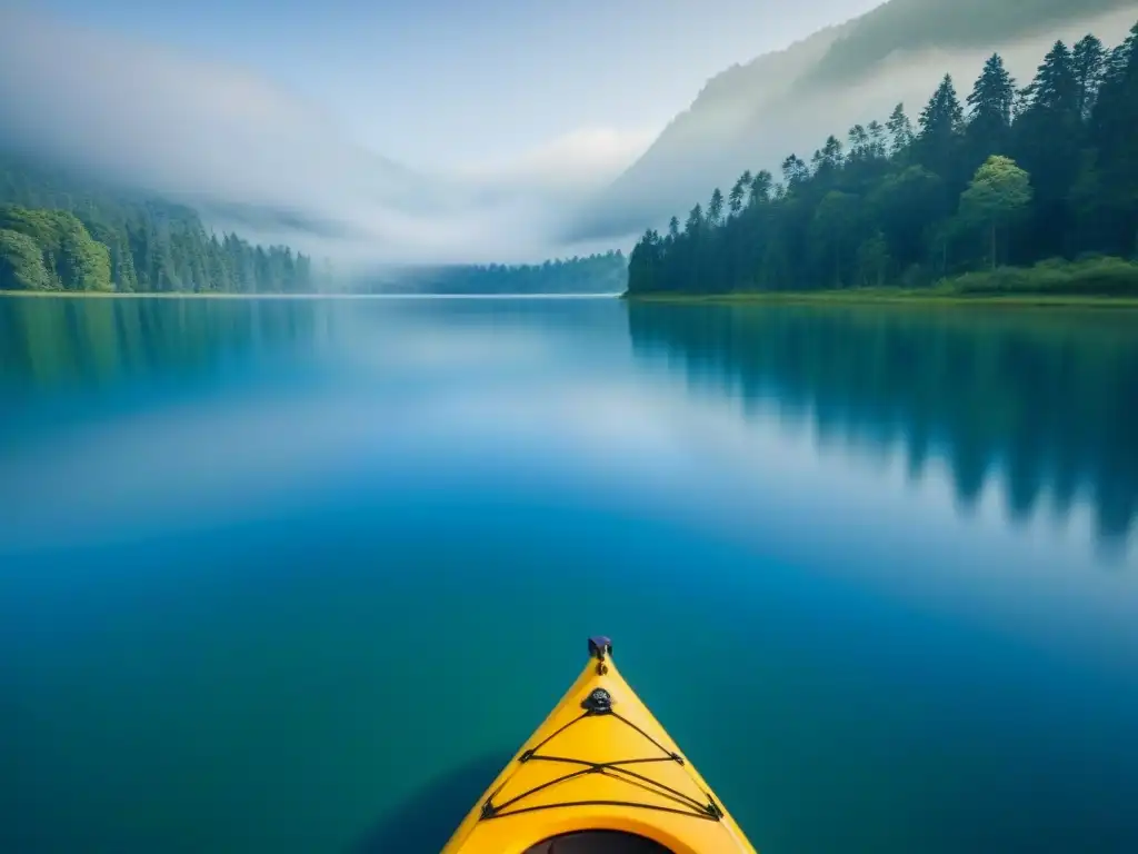 Un tranquilo kayak navega en un lago sereno rodeado de naturaleza