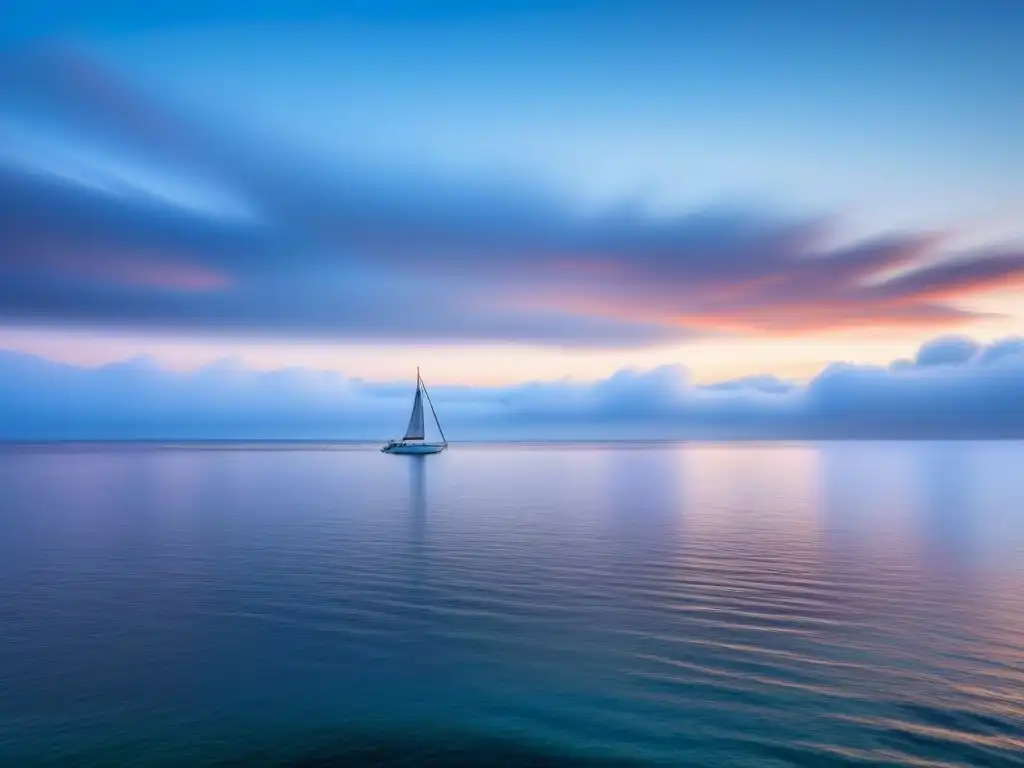 Tranquilo paisaje marino al amanecer con un velero solitario en el horizonte