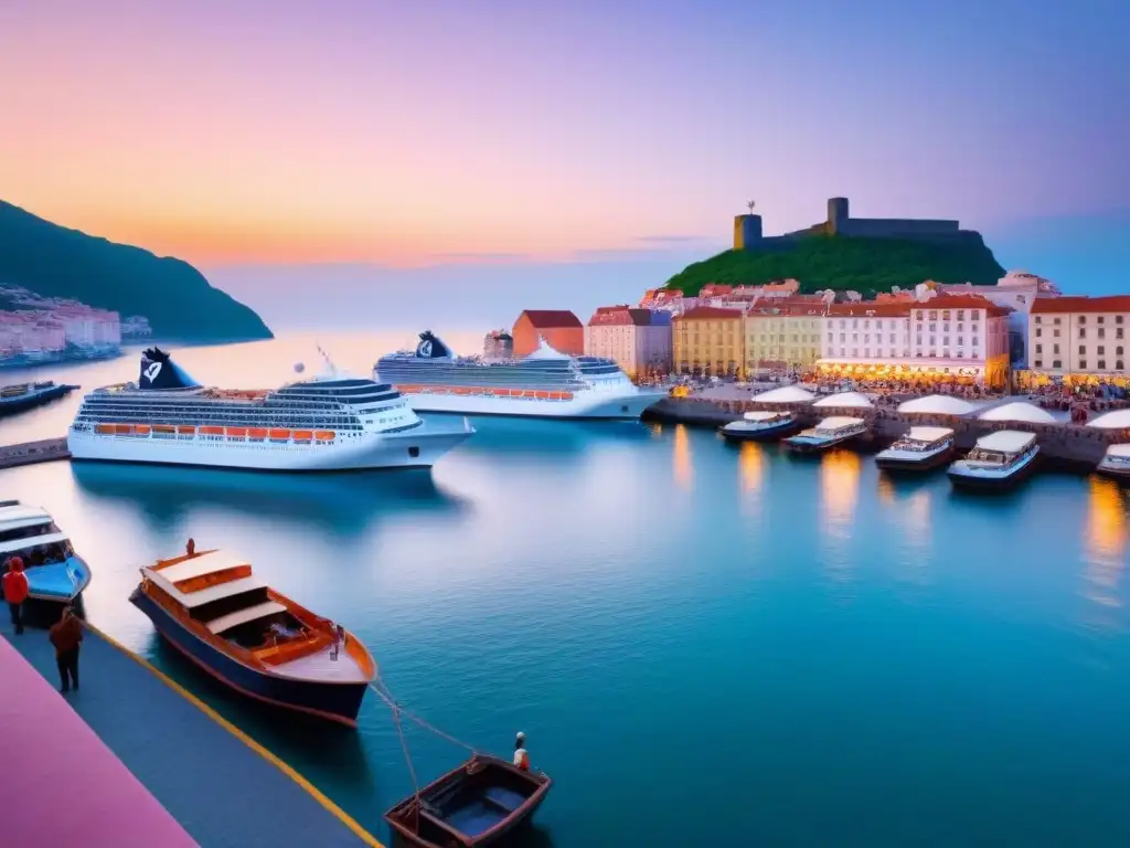 Un tranquilo pueblo costero al atardecer con un gran crucero atracado y barcos más pequeños