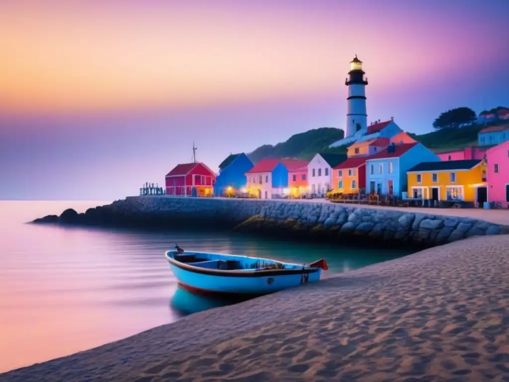 Un tranquilo pueblo costero al amanecer, con barcos pesqueros y un faro al fondo