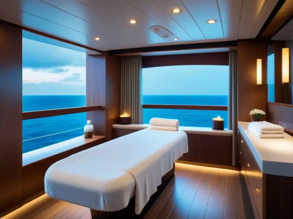Tranquilo spa en crucero: diseño minimalista, colores neutros y ambiente relajante