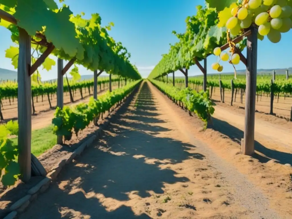 Un tranquilo viñedo con camino de piedra y letrero 'Bodega Tours' entre filas de uvas verdes, ideal para catas bebidas tours bodegas cruceros