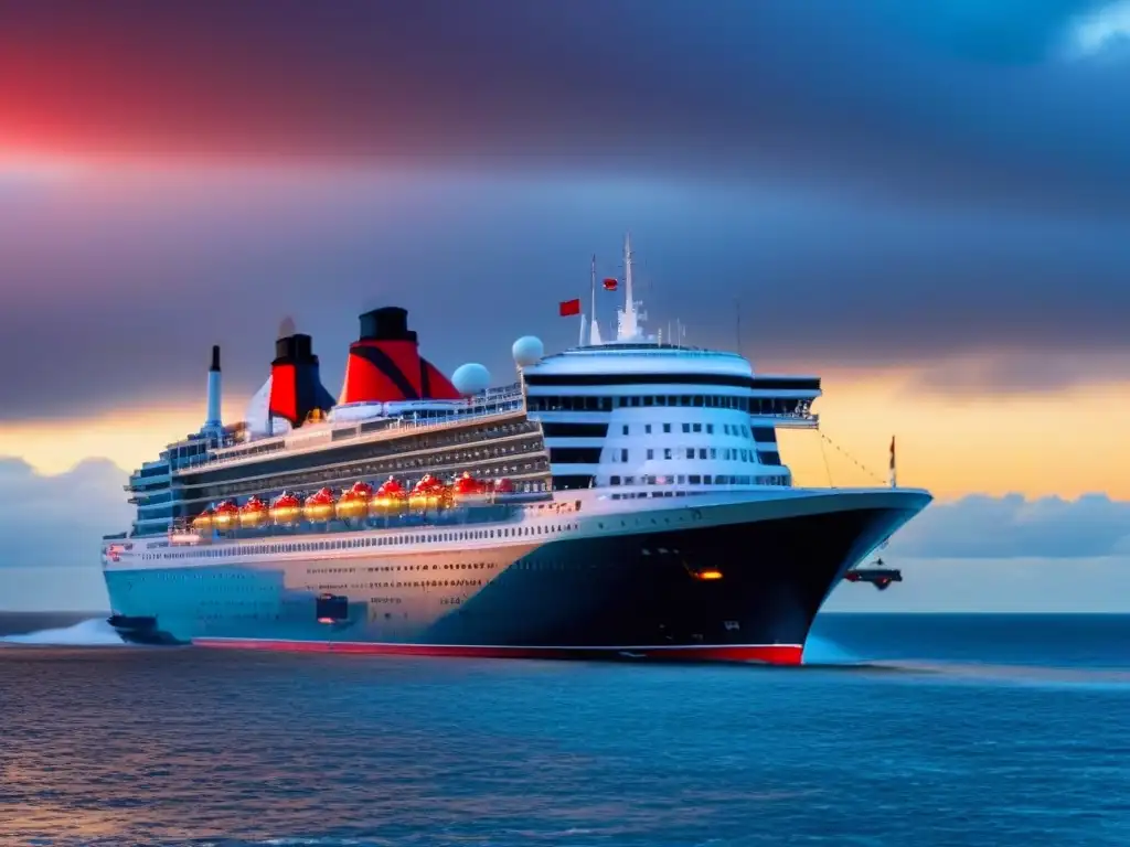 Transatlántico de lujo de la historia Cunard Line navegando en el Atlántico al atardecer