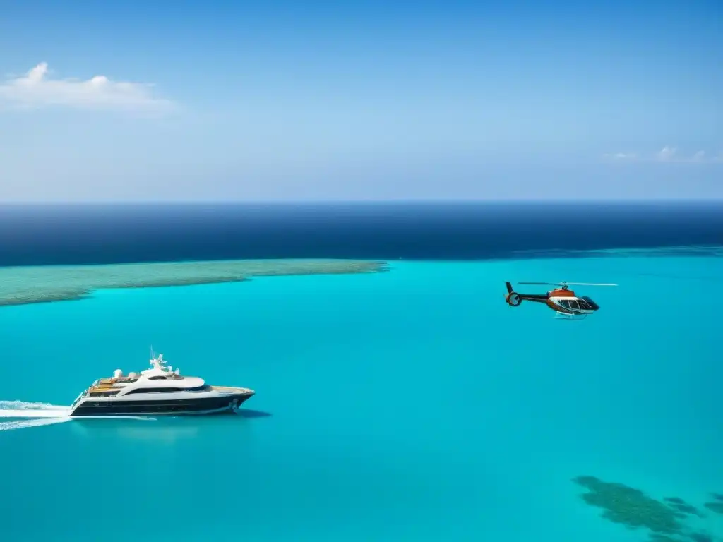 Transporte de lujo en cruceros: Helicóptero plateado sobre aguas turquesa con un elegante barco de fondo, bajo cielo azul