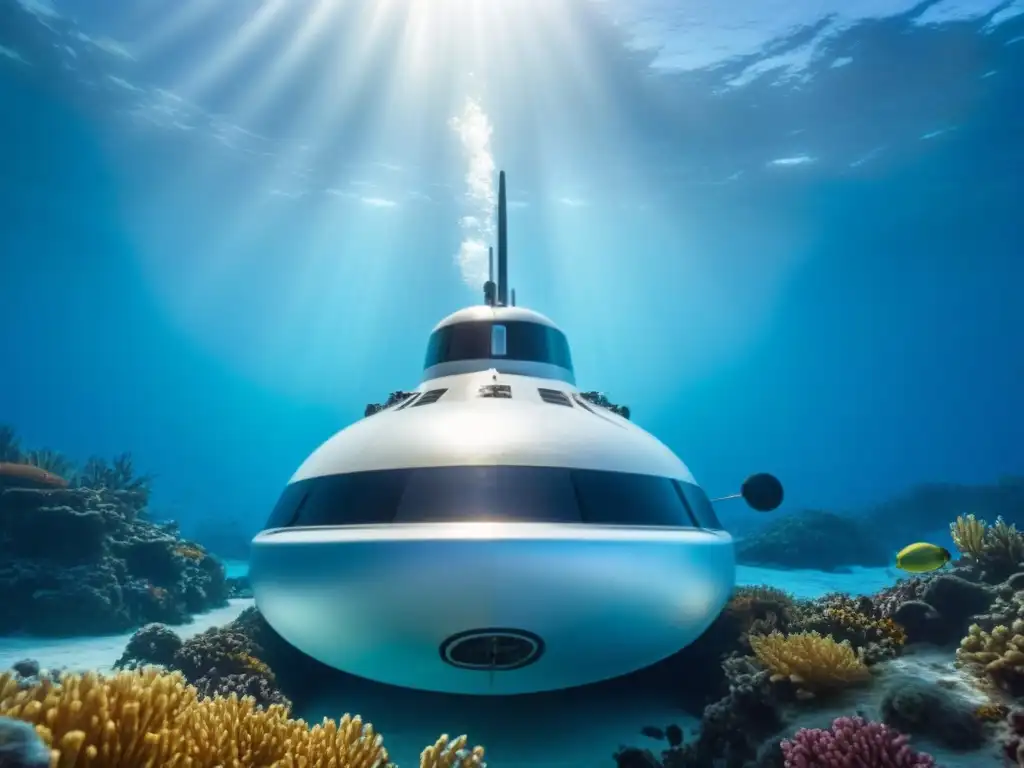 Transporte de lujo en cruceros: Un submarino privado futurista surca las aguas cristalinas, rodeado de vida marina y arrecifes de coral vibrantes