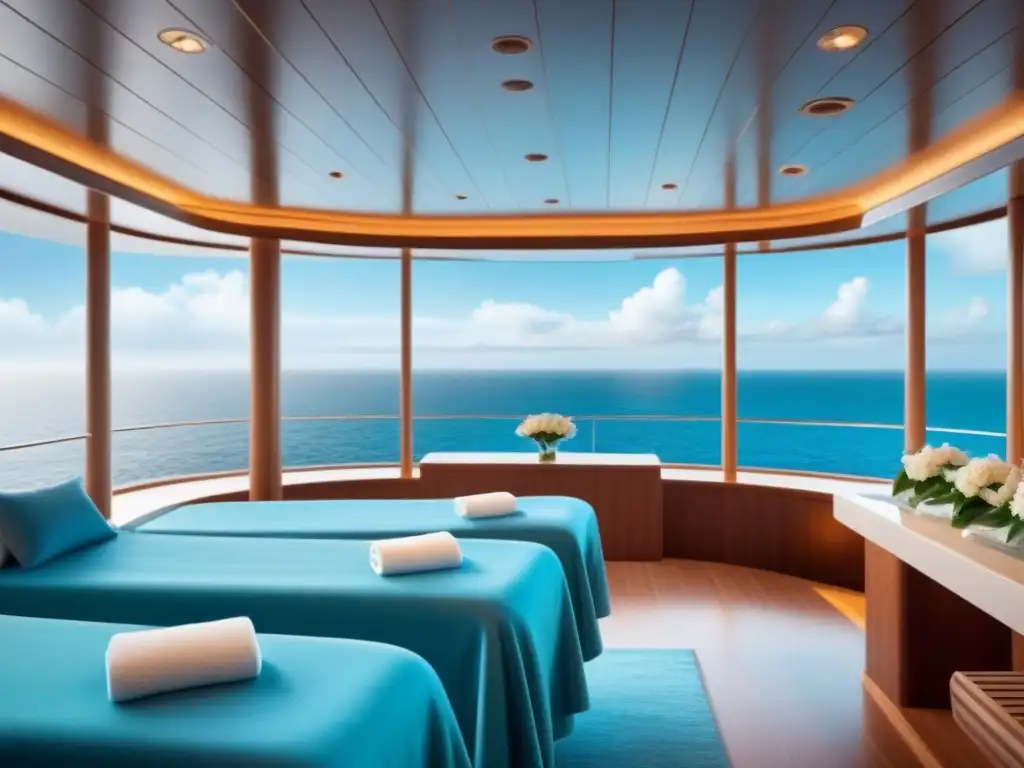 Tratamientos spa exclusivos en crucero: sala minimalista en tonos azules y blancos, con vista al mar y toallas mullidas