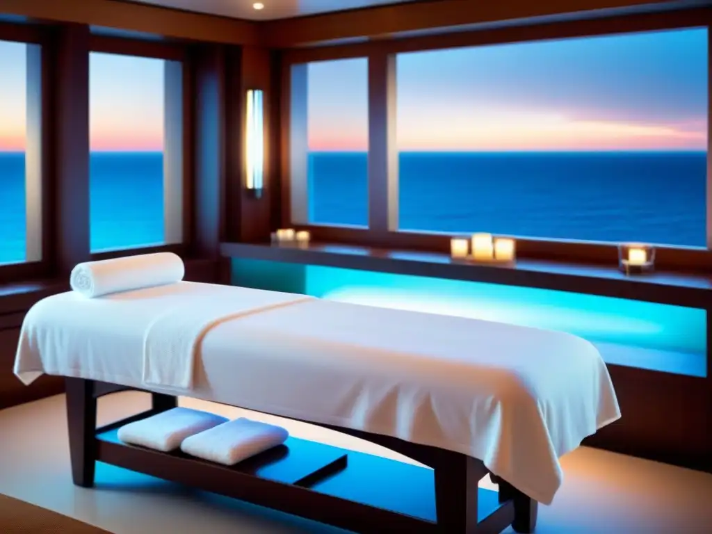 Tratamientos spa exclusivos en un lujoso camarote de crucero con diseño moderno, iluminación suave y vista al mar serena