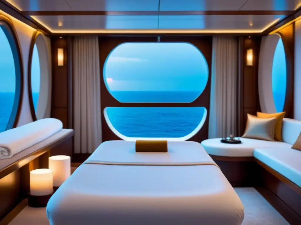 Tratamientos spa exclusivos en un lujoso crucero: sala serena con mesa de masajes blanca y toalla suave, tonos neutros y luz suave, vista al mar