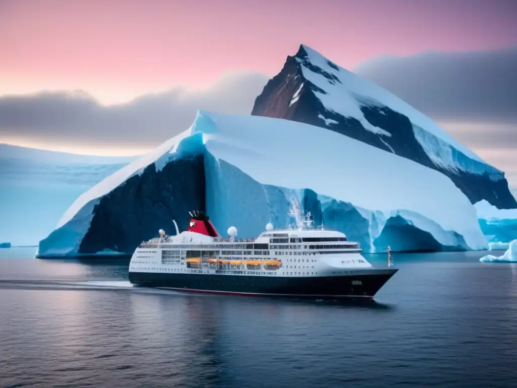 Travesía de lujo en Antártida: crucero navegando entre glaciares y paisajes nevados al atardecer