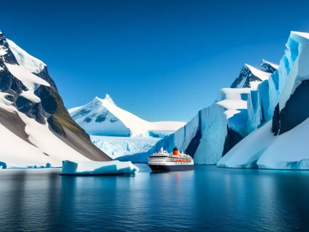 Travesía de lujo en Antártida: Un elegante crucero navegando entre glaciares en un paisaje helado y remoto