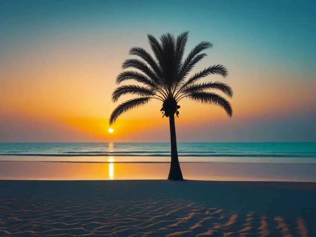 Turismo marítimo y cambio climático: Atardecer sereno en playa, aguas turquesas reflejando el cielo cálido, silueta de palmera al frente