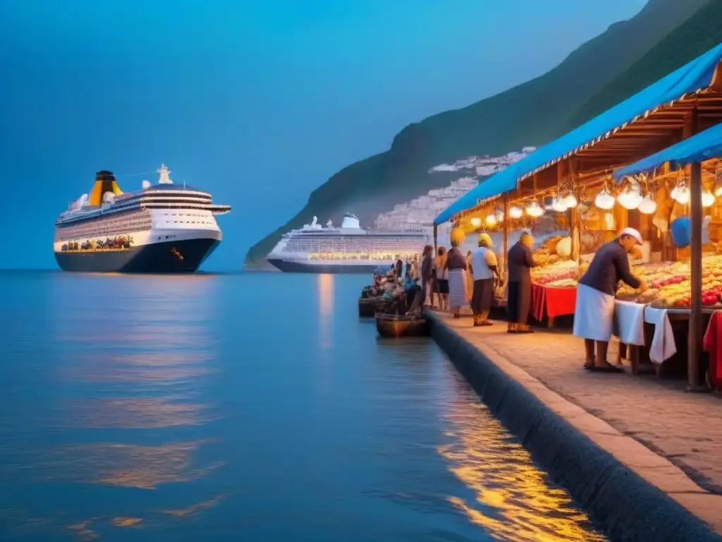 Turismo de cruceros y artesanías en un pueblo costero sereno al atardecer