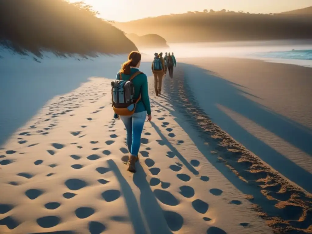 Turismo marítimo ecológico guiado: Ecoturistas recorren una playa al amanecer con guía señalando flora y fauna locales