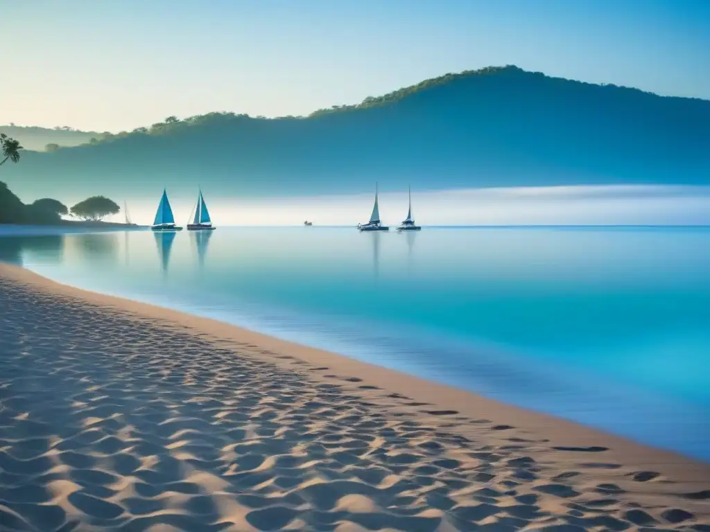 Turismo marítimo ecológico sin huella: Playa virgen al amanecer con aguas turquesas y veleros en la distancia