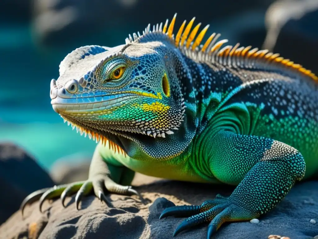 Turismo en las Islas Galápagos de una iguana marina vibrante entre aguas cristalinas y peces coloridos