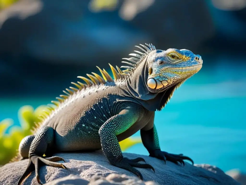 Turismo en Islas Galápagos de: Una iguana marina negra reposa sobre una roca bañada por el sol en aguas turquesas cristalinas