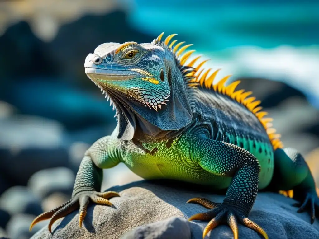 Turismo en Islas Galápagos de: Majestuosa iguana marina de colores vibrantes en una costa rocosa con aguas turquesa cristalinas de fondo