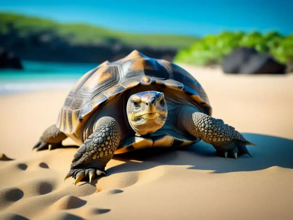 Turismo en Islas Galápagos de: Majestuosa tortuga en playa paradisíaca