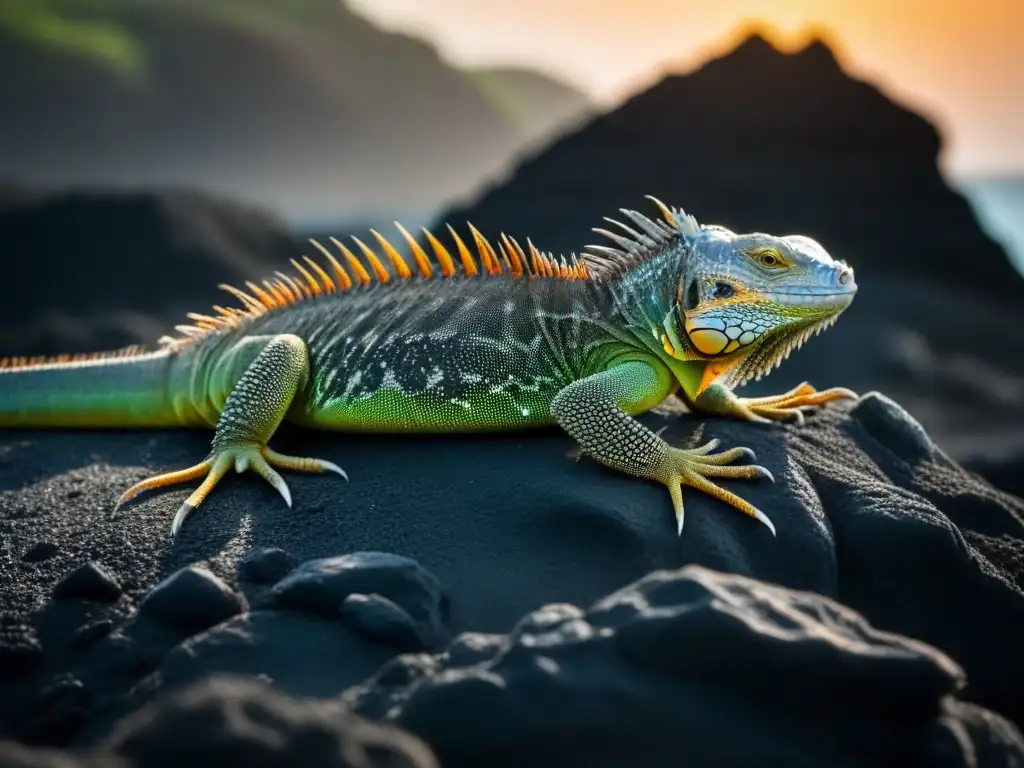 Turismo en Islas Galápagos de la soledad de una iguana marina en roca volcánica