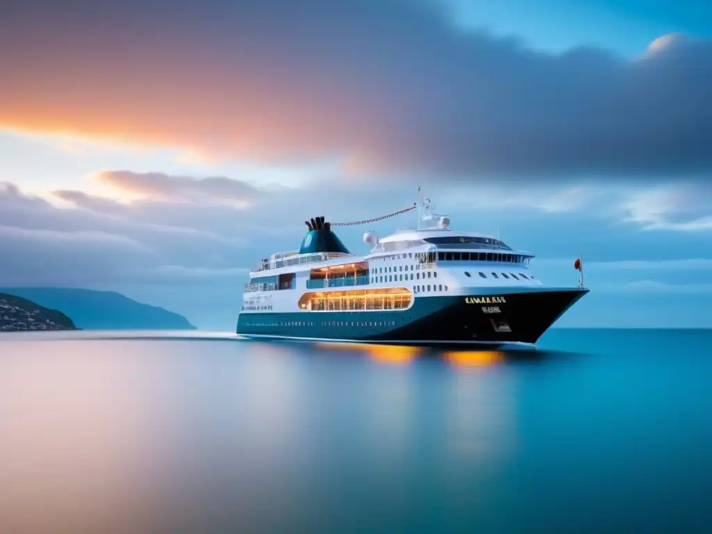 Turismo marítimo: crucero elegante navegando en aguas turquesas, iluminado por la puesta de sol, con una ciudad costera al fondo