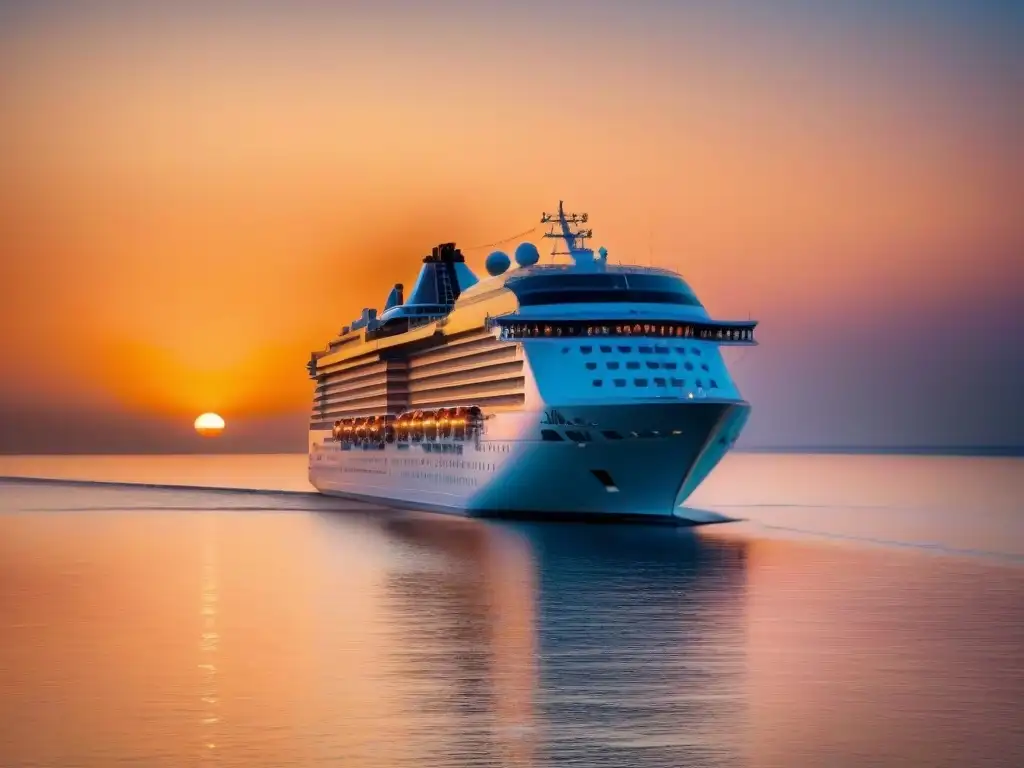 Invertir en turismo marítimo: Un crucero de lujo navegando bajo una puesta de sol naranja en aguas cristalinas y serenas