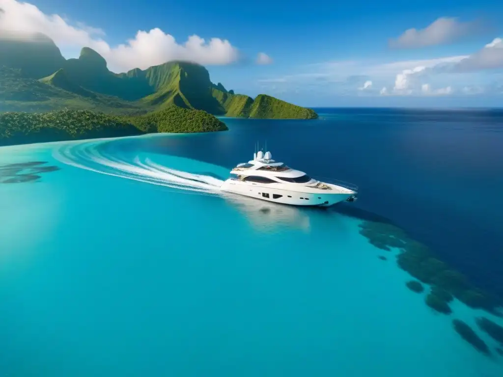 Explorando turismo marítimo de lujo: Un yate elegante surcando aguas turquesas, rodeado de islas tropicales exuberantes