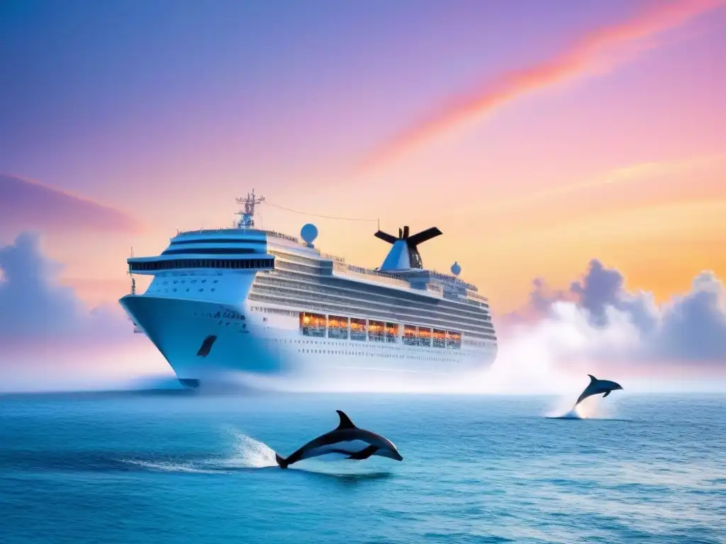Crucero ecofriendly en un amanecer marino lleno de vida Turismo marítimo responsable colaboraciones ONGs: Amanecer tranquilo en el mar con un crucero eco-friendly y vida marina colorida
