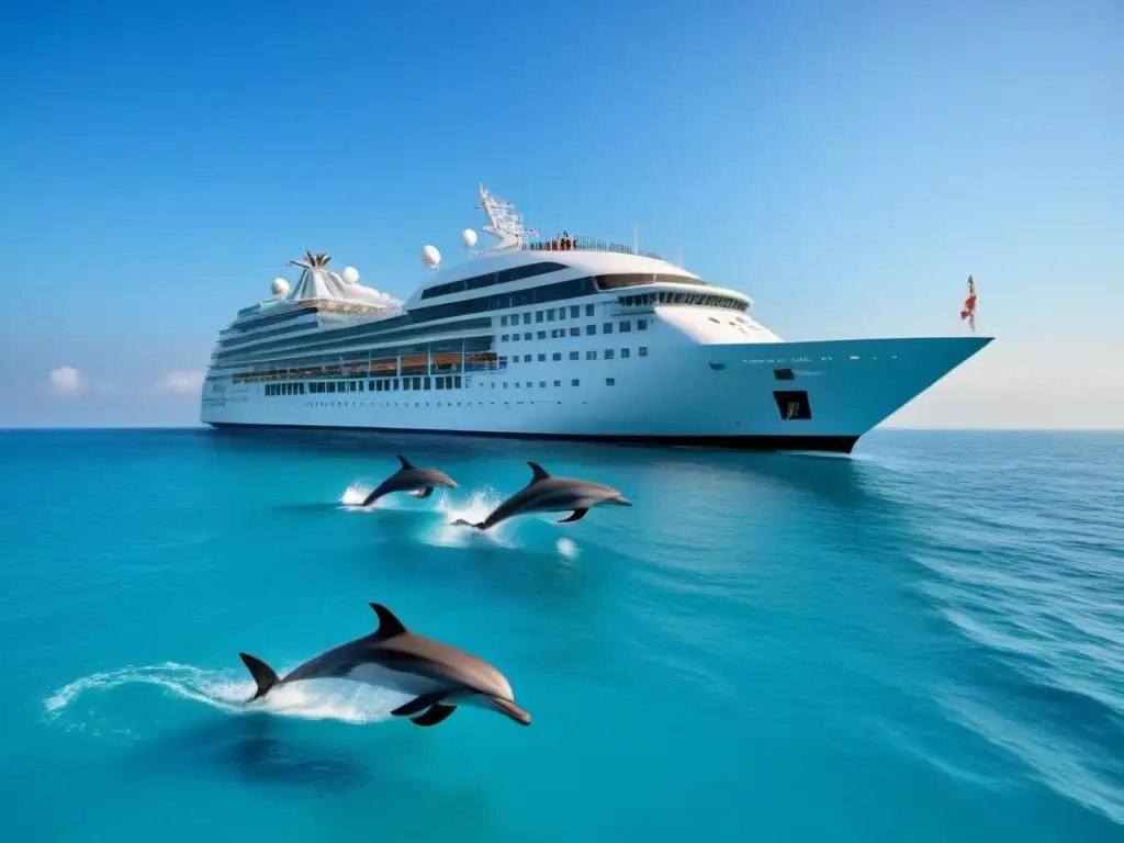 Crucero blanco y delfines en aguas turquesa: turismo responsable Turismo marítimo responsable: elegante crucero blanco navegando con delfines en aguas turquesas bajo cielo despejado