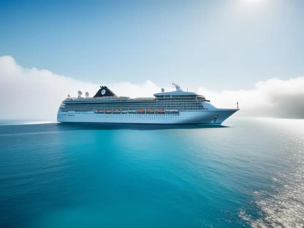 Turismo marítimo sostenible: Crucero blanco navegando en aguas turquesas, transmitiendo serenidad y lujo