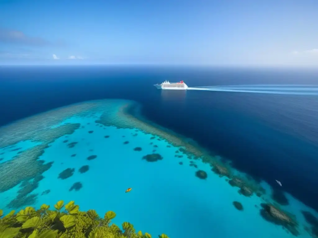 Turismo responsable en cruceros marítimos: Vista cristalina y vibrante del océano desde cubierta de nave ecológica, con vida marina en paz