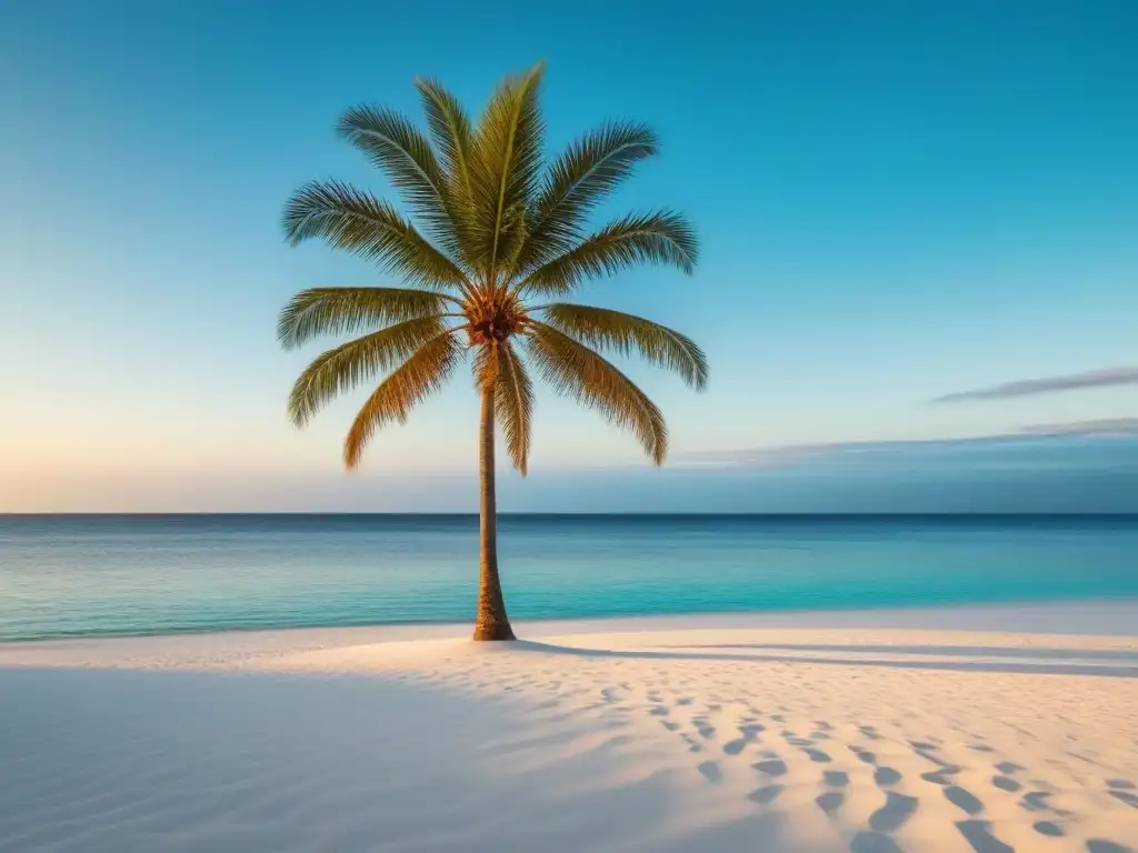 Inversión en turismo marítimo sostenible: Playa prístina con aguas turquesas y palmera solitaria en la arena blanca